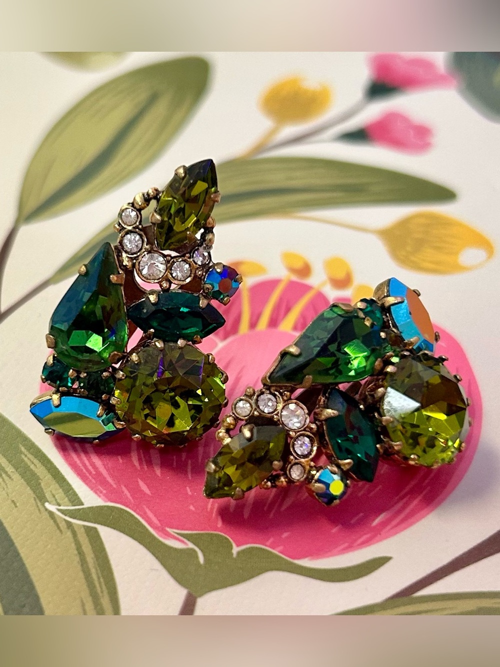 Vintage Austrian Crystal Earrings Clip-on AB Sparkling Greens Mid-Century